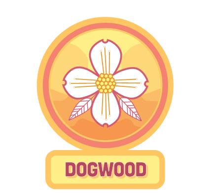 Dogwood tree badge featuring a white and pink dogwood flower illustration with the word “Dogwood” below.