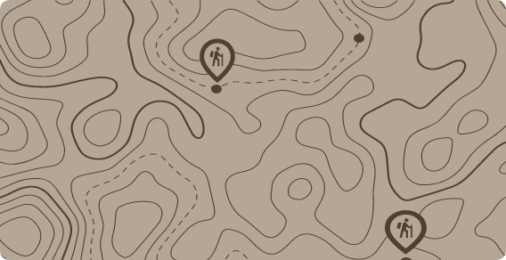Illustrated topographic map with winding contour lines and hiking trail markers.
