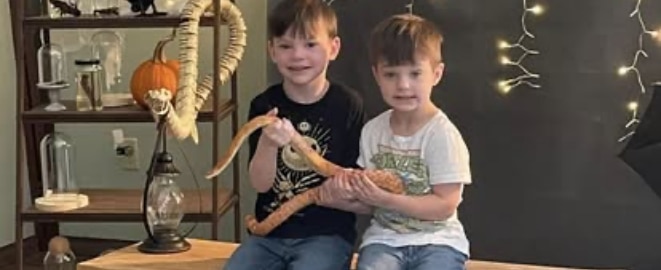 Two young boys smiling while holding a large snake during an indoor nature education activity.