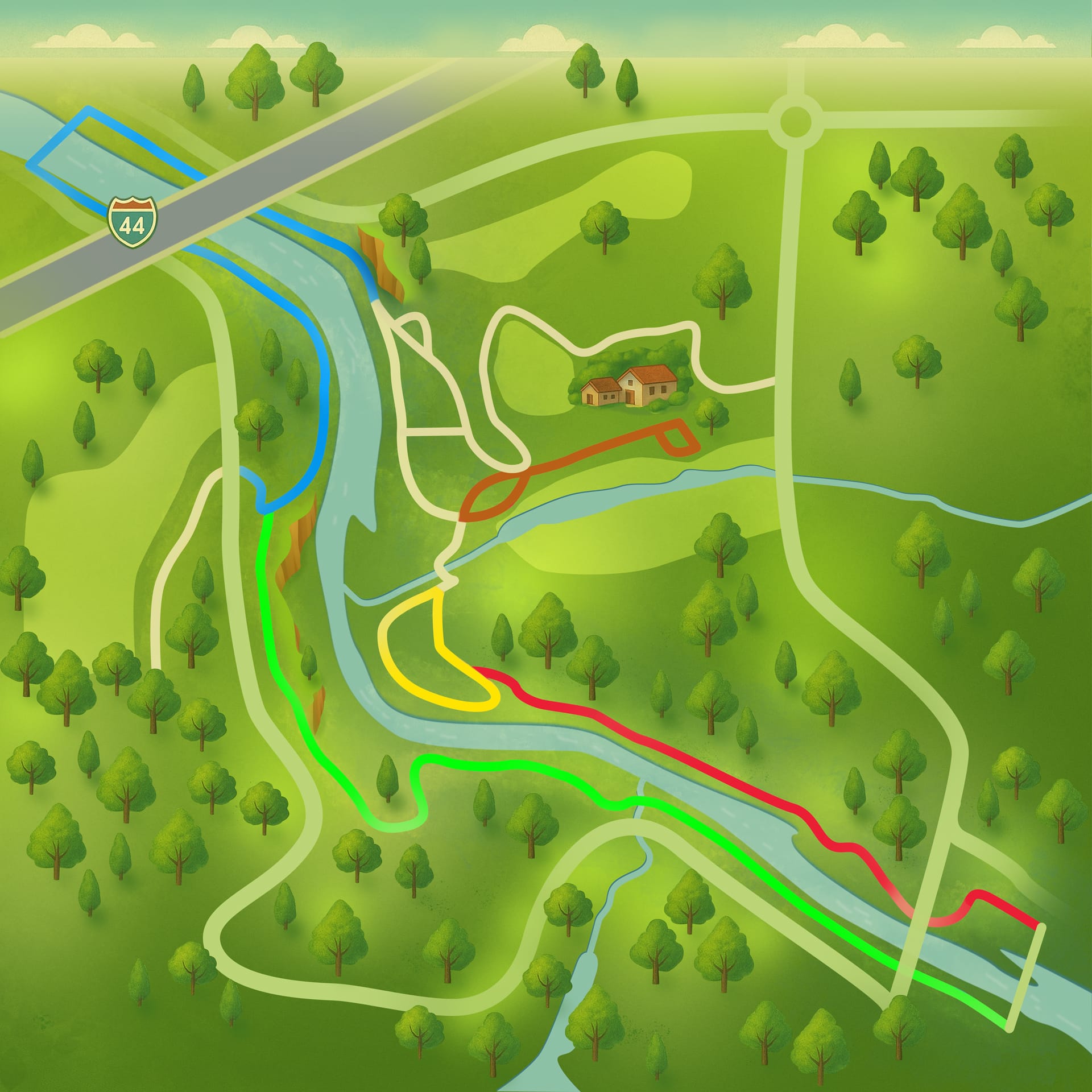 Illustrated map of Wildcat Glades showing the river, wooded areas, walking trails, and nearby Route 44.